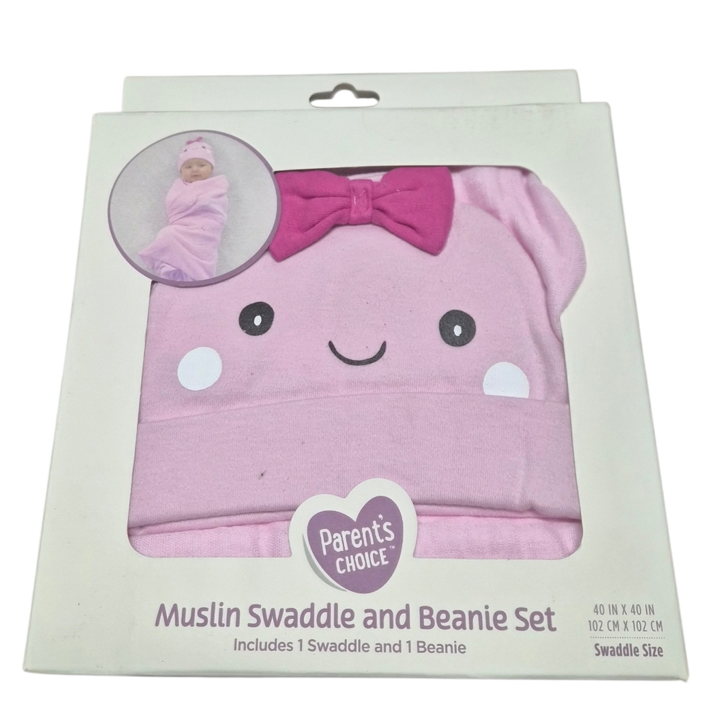 Muslin Swaddle & Beanie Set -Pink- Parents Choice -100 Cotton -40inx40in-